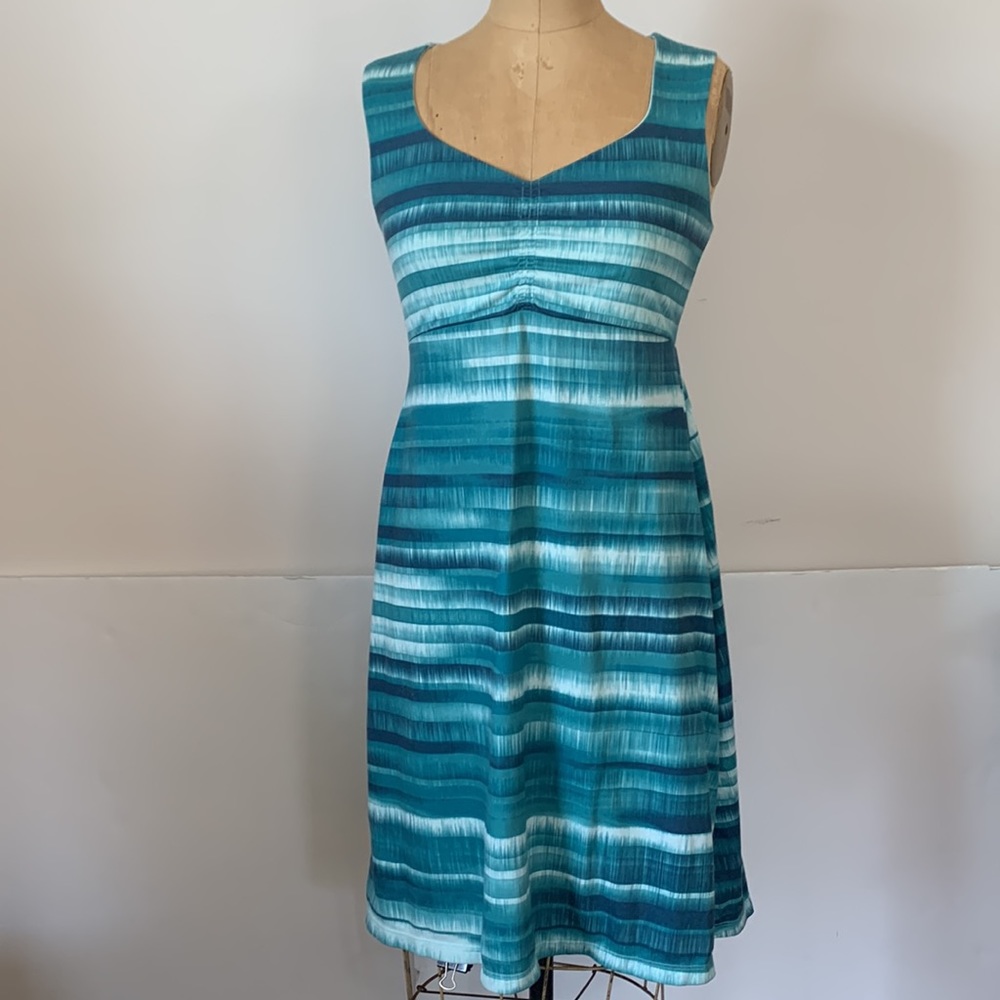 Prana Dress blue green stripe fit flare sleeveless knit XS